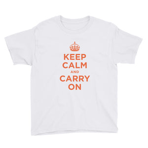 White / XS Keep Calm and Carry On (Orange) Youth Short Sleeve T-Shirt by Design Express