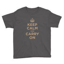 Charcoal / XS Keep Calm and Carry On (Gold) Youth Short Sleeve T-Shirt by Design Express