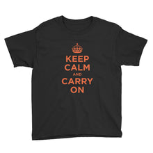 Black / XS Keep Calm and Carry On (Orange) Youth Short Sleeve T-Shirt by Design Express