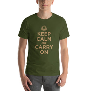 Olive / S Keep Calm and Carry On (Gold) Short-Sleeve Unisex T-Shirt by Design Express