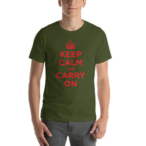 Olive / S Keep Calm and Carry On (Red) Short-Sleeve Unisex T-Shirt by Design Express