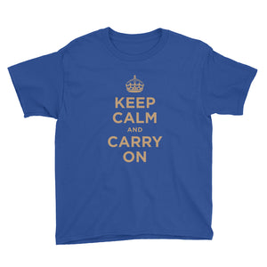 Royal Blue / XS Keep Calm and Carry On (Gold) Youth Short Sleeve T-Shirt by Design Express