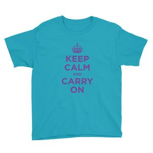 Caribbean Blue / XS Keep Calm and Carry On (Purple) Youth Short Sleeve T-Shirt by Design Express