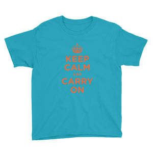 Caribbean Blue / XS Keep Calm and Carry On (Orange) Youth Short Sleeve T-Shirt by Design Express
