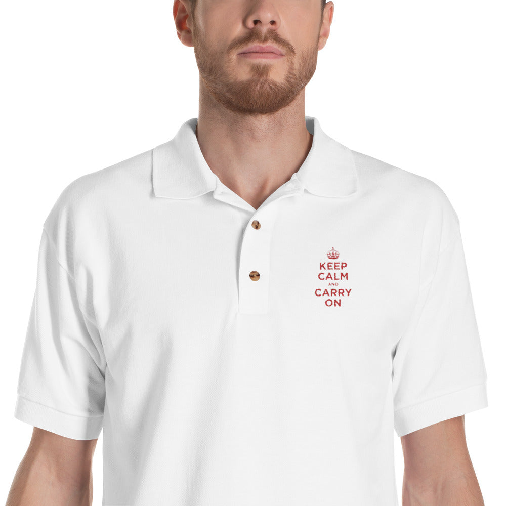 White / S Keep Calm and Carry On (Red Embroidered) Polo Shirt by Design Express