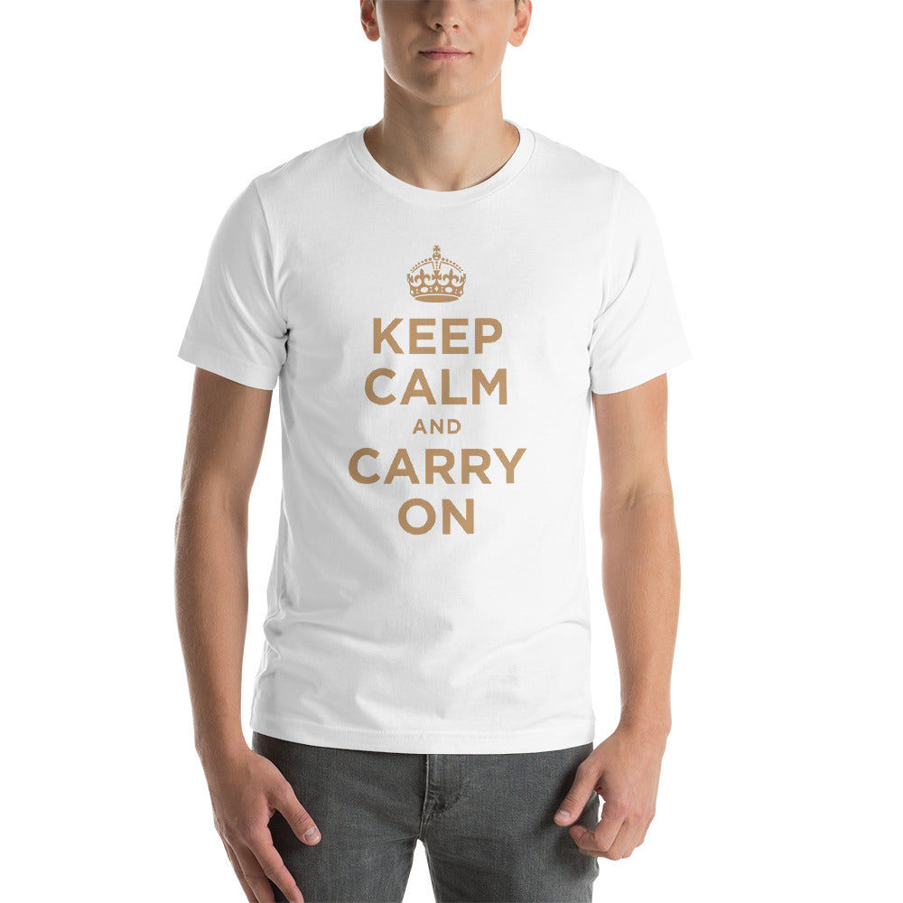 White / XS Keep Calm and Carry On (Gold) Short-Sleeve Unisex T-Shirt by Design Express