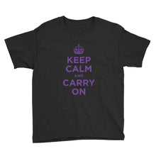 Black / XS Keep Calm and Carry On (Purple) Youth Short Sleeve T-Shirt by Design Express
