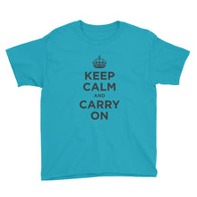 Caribbean Blue / XS Keep Calm and Carry On (Black) Youth Short Sleeve T-Shirt by Design Express