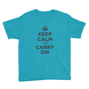 Caribbean Blue / XS Keep Calm and Carry On (Black) Youth Short Sleeve T-Shirt by Design Express