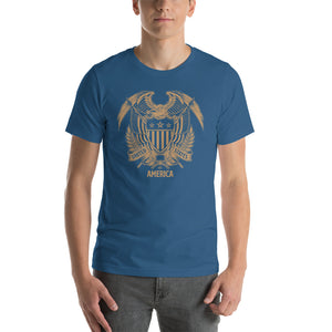 Steel Blue / S United States Of America Eagle Illustration Gold Reverse Short-Sleeve Unisex T-Shirt by Design Express