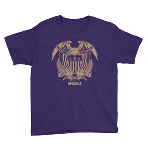 Purple / XS United States Of America Eagle Illustration Gold Reverse Youth Short Sleeve T-Shirt by Design Express