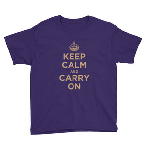 Purple / XS Keep Calm and Carry On (Gold) Youth Short Sleeve T-Shirt by Design Express