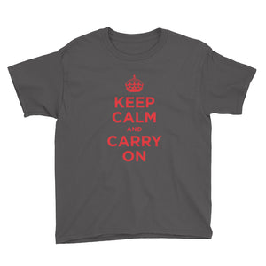 Charcoal / XS Keep Calm and Carry On (Red) Youth Short Sleeve T-Shirt by Design Express