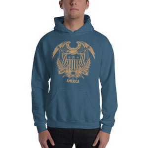 Indigo Blue / S United States Of America Eagle Illustration Gold Reverse Hooded Sweatshirt by Design Express