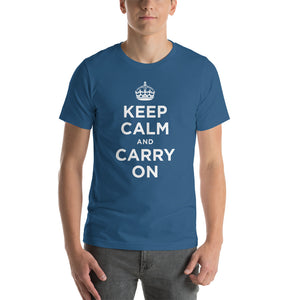 Steel Blue / S Keep Calm and Carry On (White) Short-Sleeve Unisex T-Shirt by Design Express