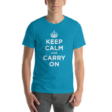 Aqua / S Keep Calm and Carry On (White) Short-Sleeve Unisex T-Shirt by Design Express