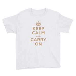 White / XS Keep Calm and Carry On (Gold) Youth Short Sleeve T-Shirt by Design Express