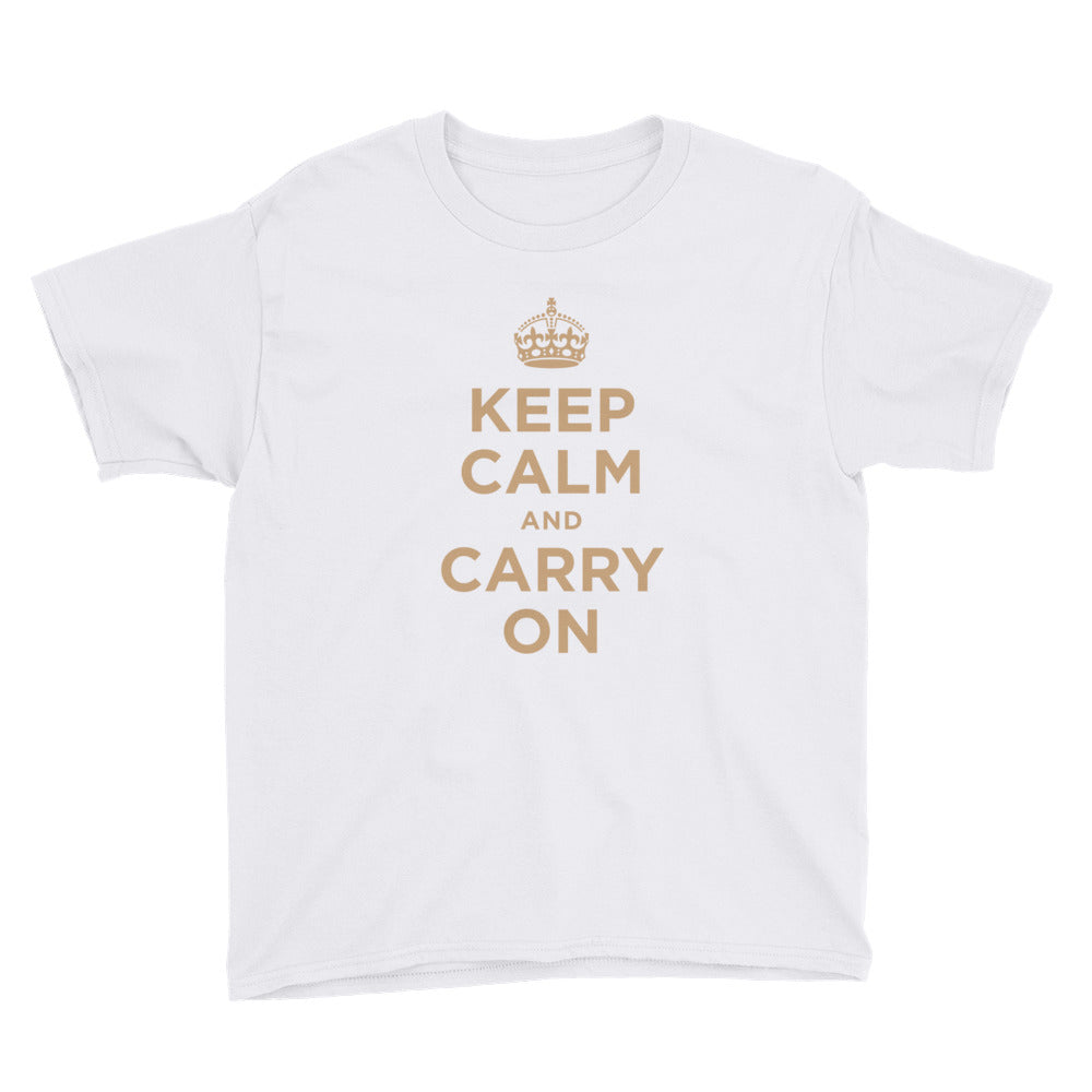 White / XS Keep Calm and Carry On (Gold) Youth Short Sleeve T-Shirt by Design Express