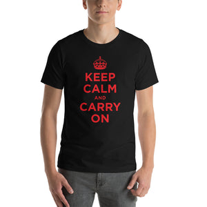 Black / XS Keep Calm and Carry On (Red) Short-Sleeve Unisex T-Shirt by Design Express