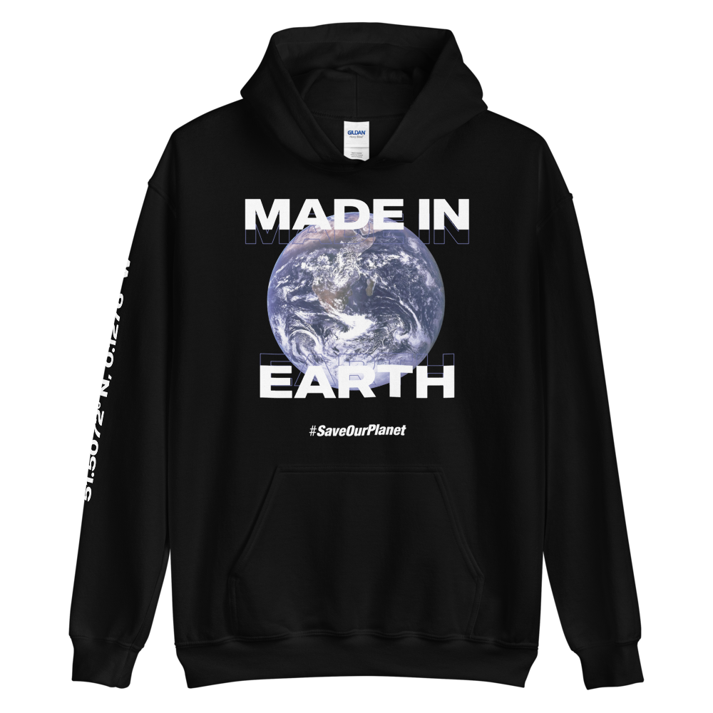 S Save Our Planet, Made in Earth (Front) Unisex Black Hoodie by Design Express