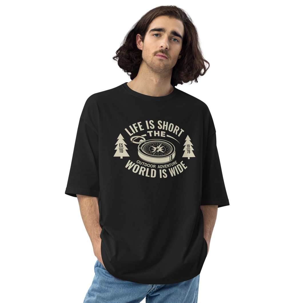 Black / S Life Is Short, World is Wide Front Unisex Oversized T-Shirt by Design Express