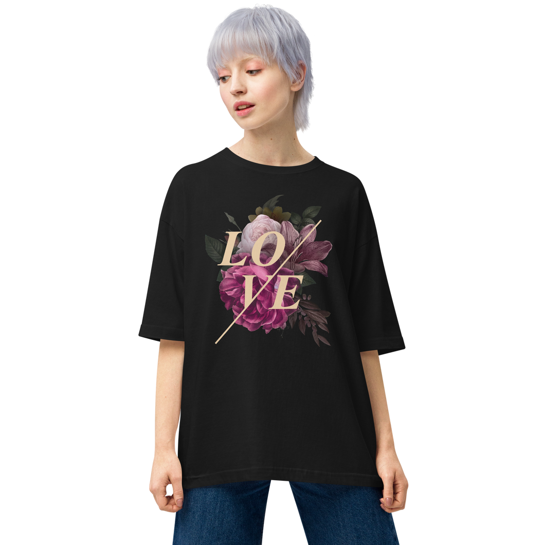 Black / S Love Flower Front Unisex Oversized T-Shirt by Design Express