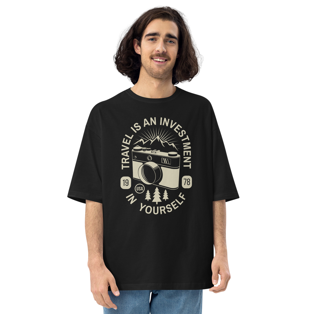 Black / S Travel Is An Investment In Yourself Front Unisex Oversized T-Shirt by Design Express