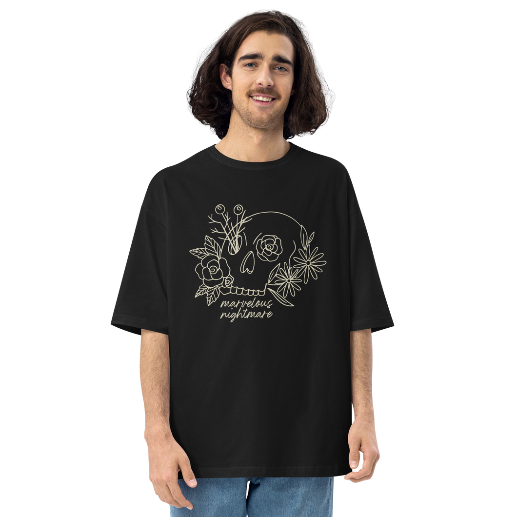 Black / S Marvelous Nightmare Flower Skull Front Unisex Oversized T-Shirt by Design Express