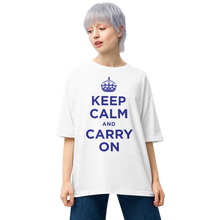 White / S Keep Calm and Carry On Blue Unisex Oversized T-Shirt by Design Express