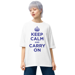 White / S Keep Calm and Carry On Blue Unisex Oversized T-Shirt by Design Express