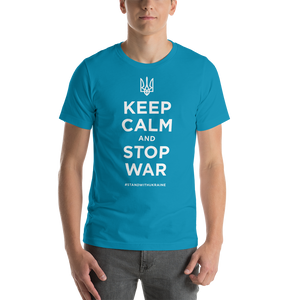 Aqua / S Keep Calm and Stop War (Support Ukraine) White Print Short-Sleeve Unisex T-Shirt by Design Express