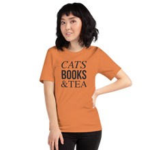 Burnt Orange / XS Cats Books Tea (Cat lover) Funny Unisex T-Shirt by Design Express