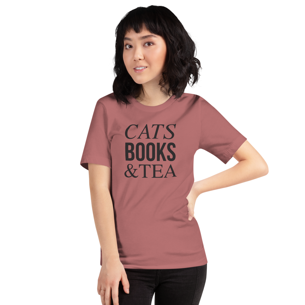 Mauve / S Cats Books Tea (Cat lover) Funny Unisex T-Shirt by Design Express