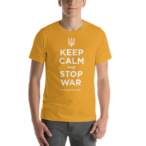 Mustard / XS Keep Calm and Stop War (Support Ukraine) White Print Short-Sleeve Unisex T-Shirt by Design Express