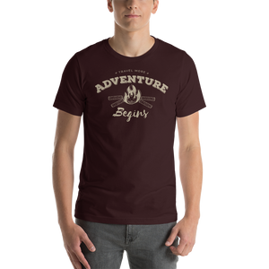 Oxblood Black / S Travel More Adventure Begins Unisex T-Shirt by Design Express