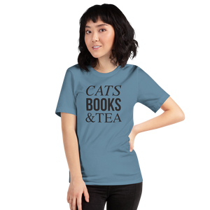 Steel Blue / S Cats Books Tea (Cat lover) Funny Unisex T-Shirt by Design Express