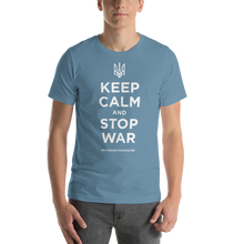 Steel Blue / S Keep Calm and Stop War (Support Ukraine) White Print Short-Sleeve Unisex T-Shirt by Design Express