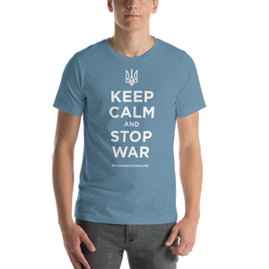 Steel Blue / S Keep Calm and Stop War (Support Ukraine) White Print Short-Sleeve Unisex T-Shirt by Design Express