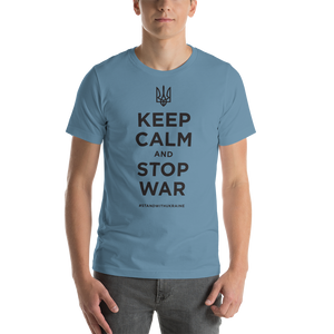 Steel Blue / S Keep Calm and Stop War (Support Ukraine) Black Print Short-Sleeve Unisex T-Shirt by Design Express