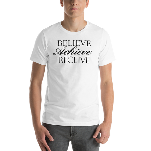 XS Believe Achieve Receieve Short-Sleeve Unisex White T-Shirt by Design Express