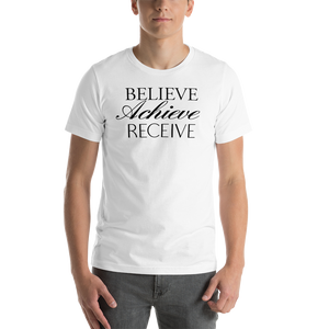 XS Believe Achieve Receieve Short-Sleeve Unisex White T-Shirt by Design Express