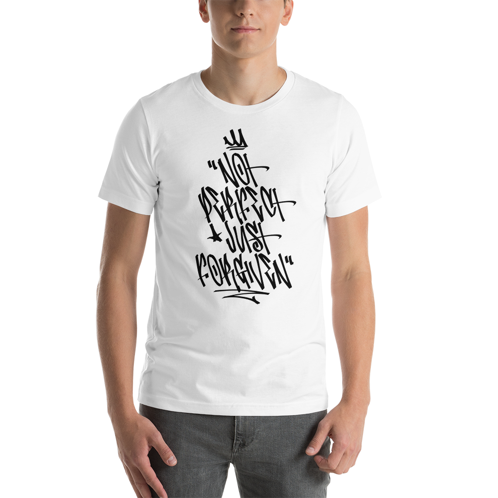 XS Not Perfect Just Forgiven Graffiti (motivation) Short-Sleeve Unisex White T-Shirt by Design Express